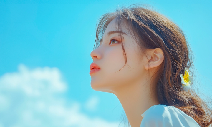 A person looking up at a bright blue sky