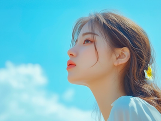 A person looking up at a bright blue sky