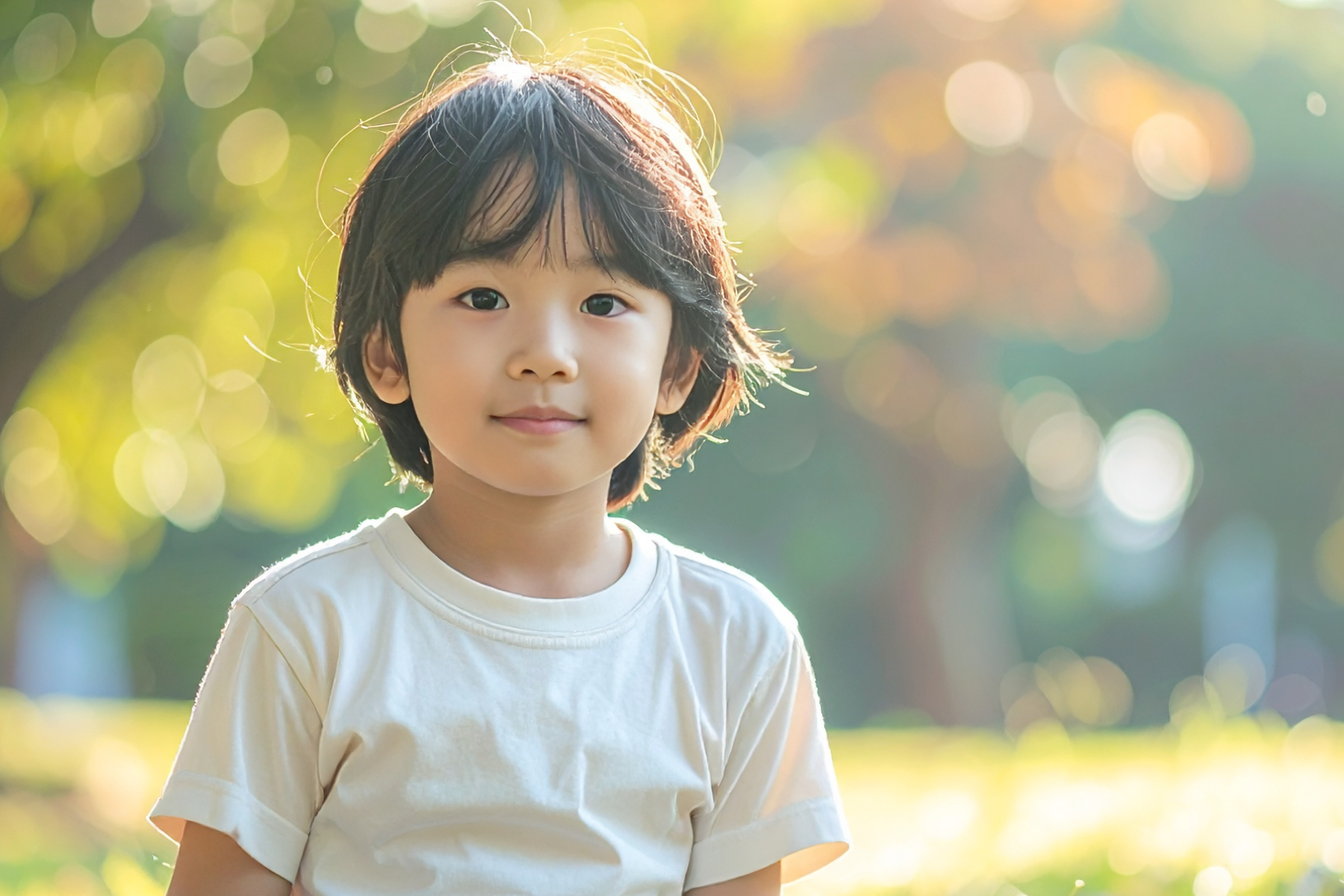 A child in a white T-shirt sits on grass in a park, with blurred trees and bright sunlight behind.