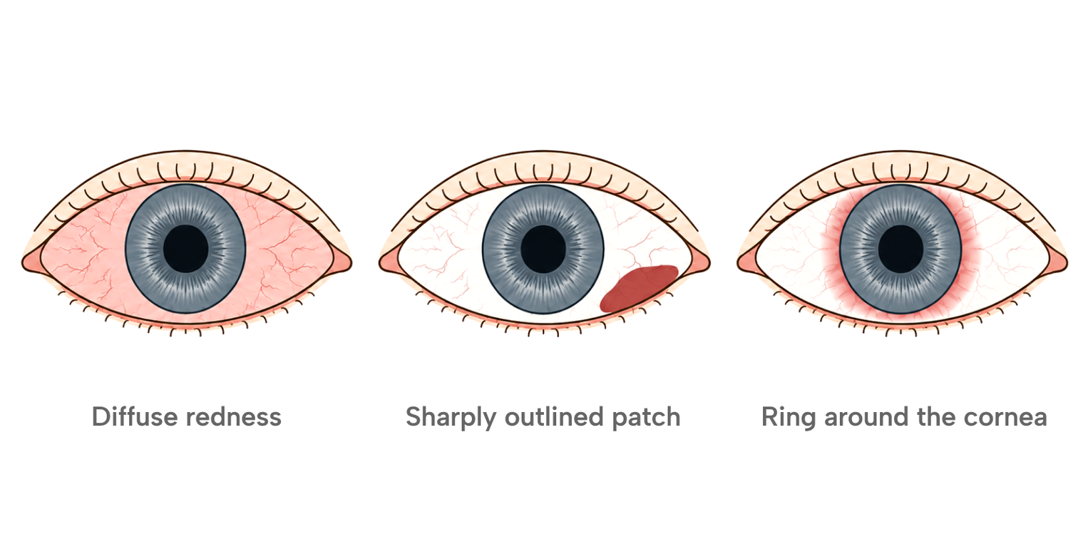 Three diagrams of an eye side by side, labelled diffuse redness, sharply outlined patch and ring around the cornea.