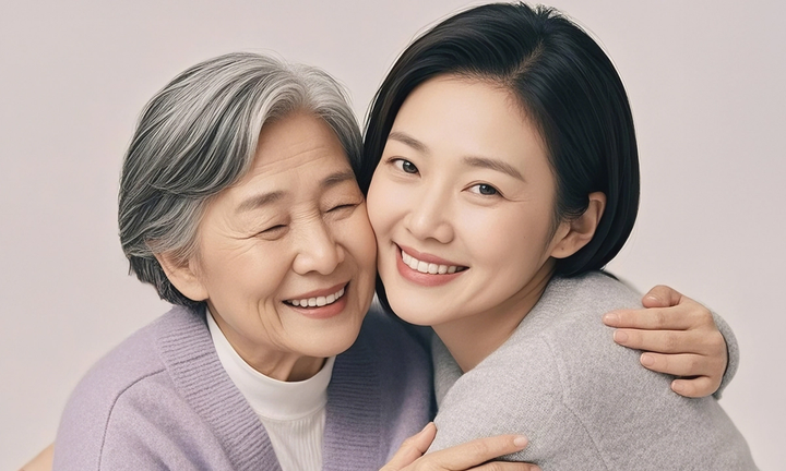 An older woman and a younger woman leaning their heads together, both with eyes closed.