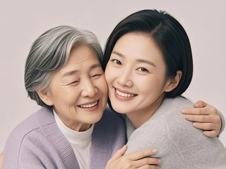 An older woman and a younger woman leaning their heads together, both with eyes closed.
