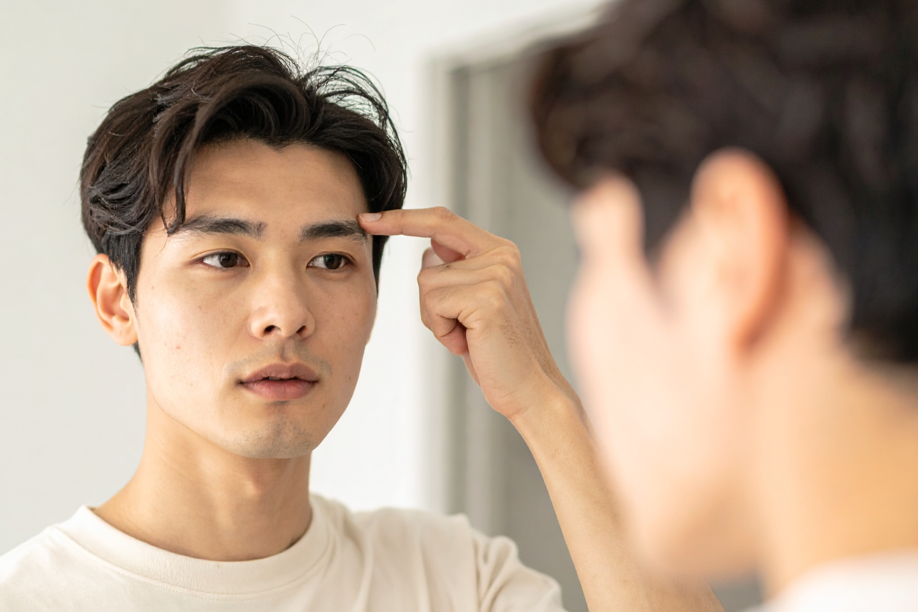 A man looking at his reflection in a mirror, touching the skin at the outer end of his eyebrow with a fingertip.