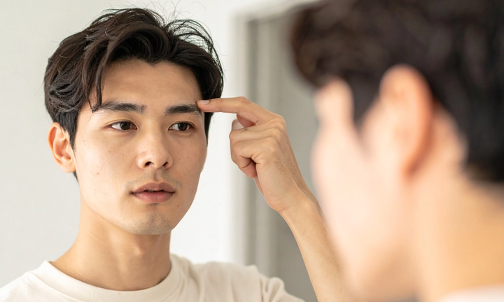 A man looking at his reflection in a mirror, touching the skin at the outer end of his eyebrow with a fingertip.