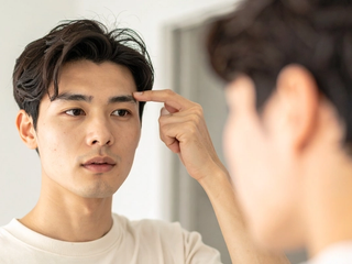 A man looking at his reflection in a mirror, touching the skin at the outer end of his eyebrow with a fingertip.