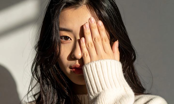 A woman covering one eye with her open hand, the other eye looking toward the camera in daylight.