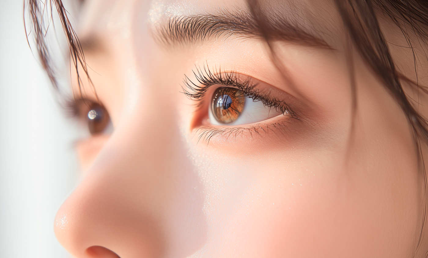 A close-up of a person's eye in profile, seen in soft natural light.