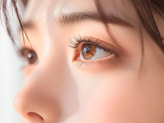 A close-up of a person's eye in profile, seen in soft natural light.