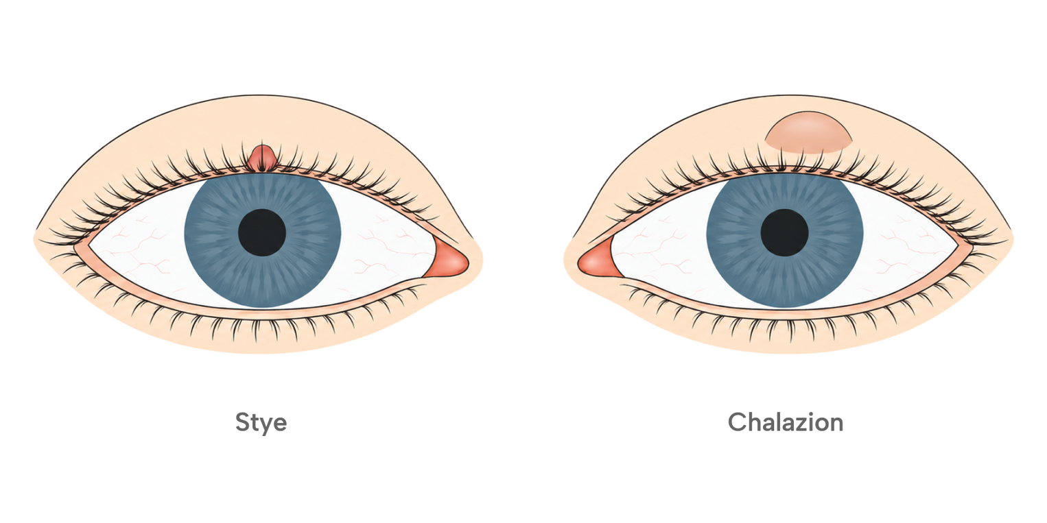 Illustration of two eyes side by side, labelled Stye and Chalazion. The stye is a small red bump on the upper lash line. The chalazion is a larger, smooth swelling higher up on the eyelid.