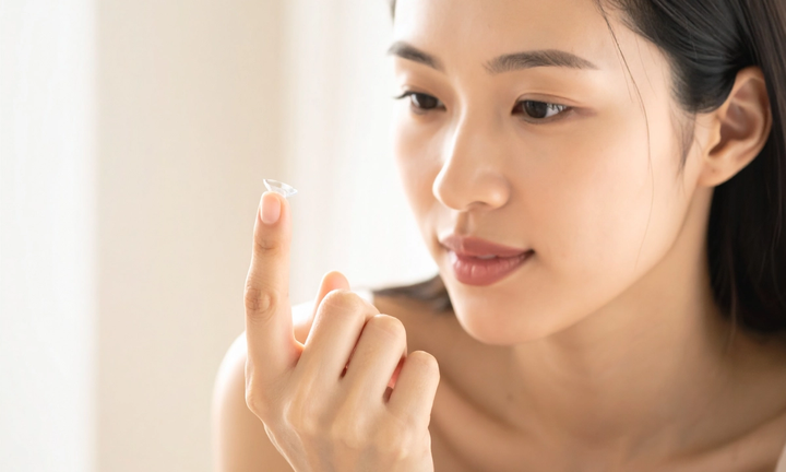 A woman holding a contact lens on her fingertip and looking at it.