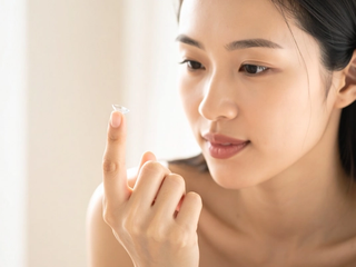A woman holding a contact lens on her fingertip and looking at it.