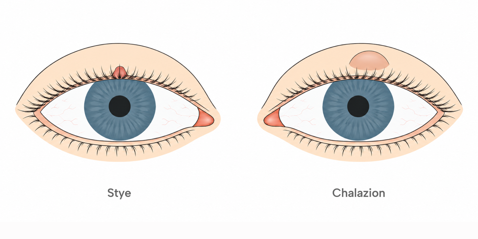 Illustration of two eyes side by side, labelled Stye and Chalazion. The stye is a small red bump on the upper lash line. The chalazion is a larger, smooth swelling higher up on the eyelid.