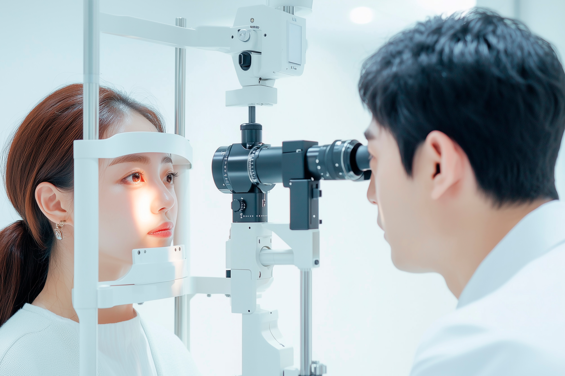An ophthalmologist examines a patient's eyes with a slit lamp during an eye examination.