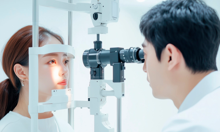 An ophthalmologist examines a patient's eyes with a slit lamp during an eye examination.