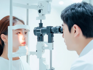 An ophthalmologist examines a patient's eyes with a slit lamp during an eye examination.