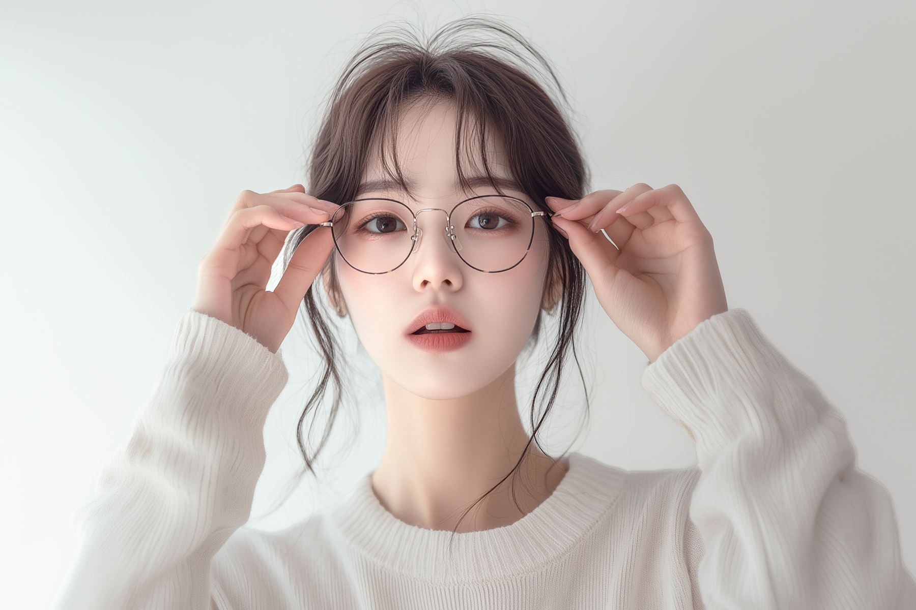 A person adjusting their glasses with both hands.