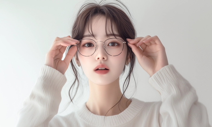 A person adjusting their glasses with both hands.