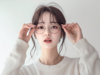 A person adjusting their glasses with both hands.