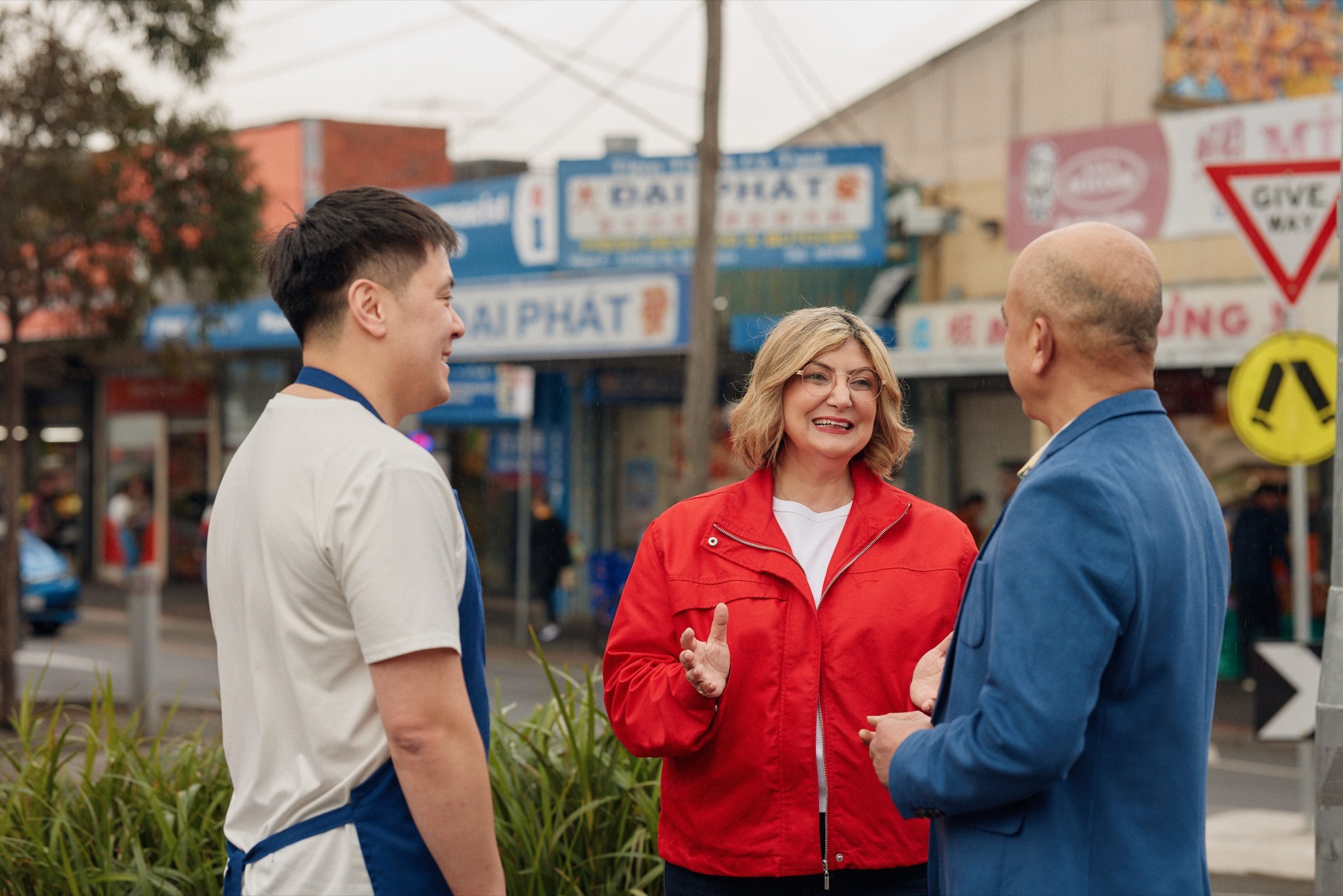 Natalie Suleyman speaking with local traders in St Albans