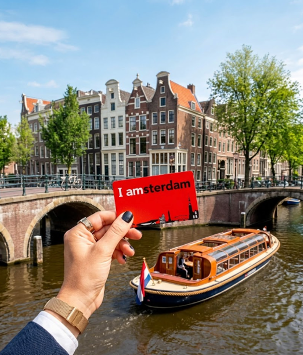 Main tenant une I amsterdam City Card rouge devant un canal d'Amsterdam, avec un bateau de croisière et les maisons typiques en arrière-plan
