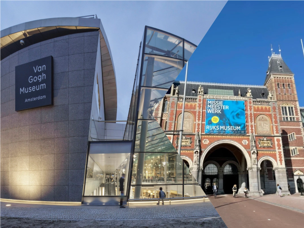 Montage comparatif entre l'entrée moderne du Musée Van Gogh et la façade en brique du Rijksmuseum sur la Museumplein à Amsterdam