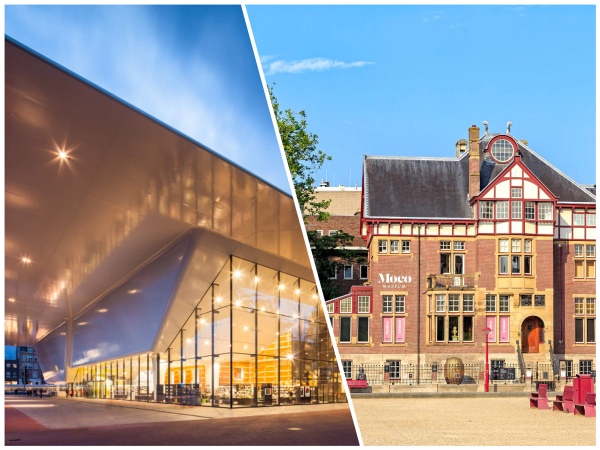 Montage comparatif entre l'extension vitrée du Stedelijk Museum illuminée le soir et la villa historique du Musée Moco sur la Museumplein à Amsterdam