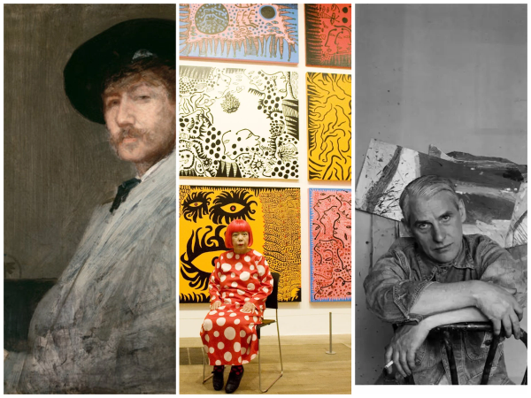 Montage des trois grandes expositions d'Amsterdam en automne 2026: un autoportrait de Whistler, Yayoi Kusama devant ses œuvres colorées et un portrait de Willem de Kooning
