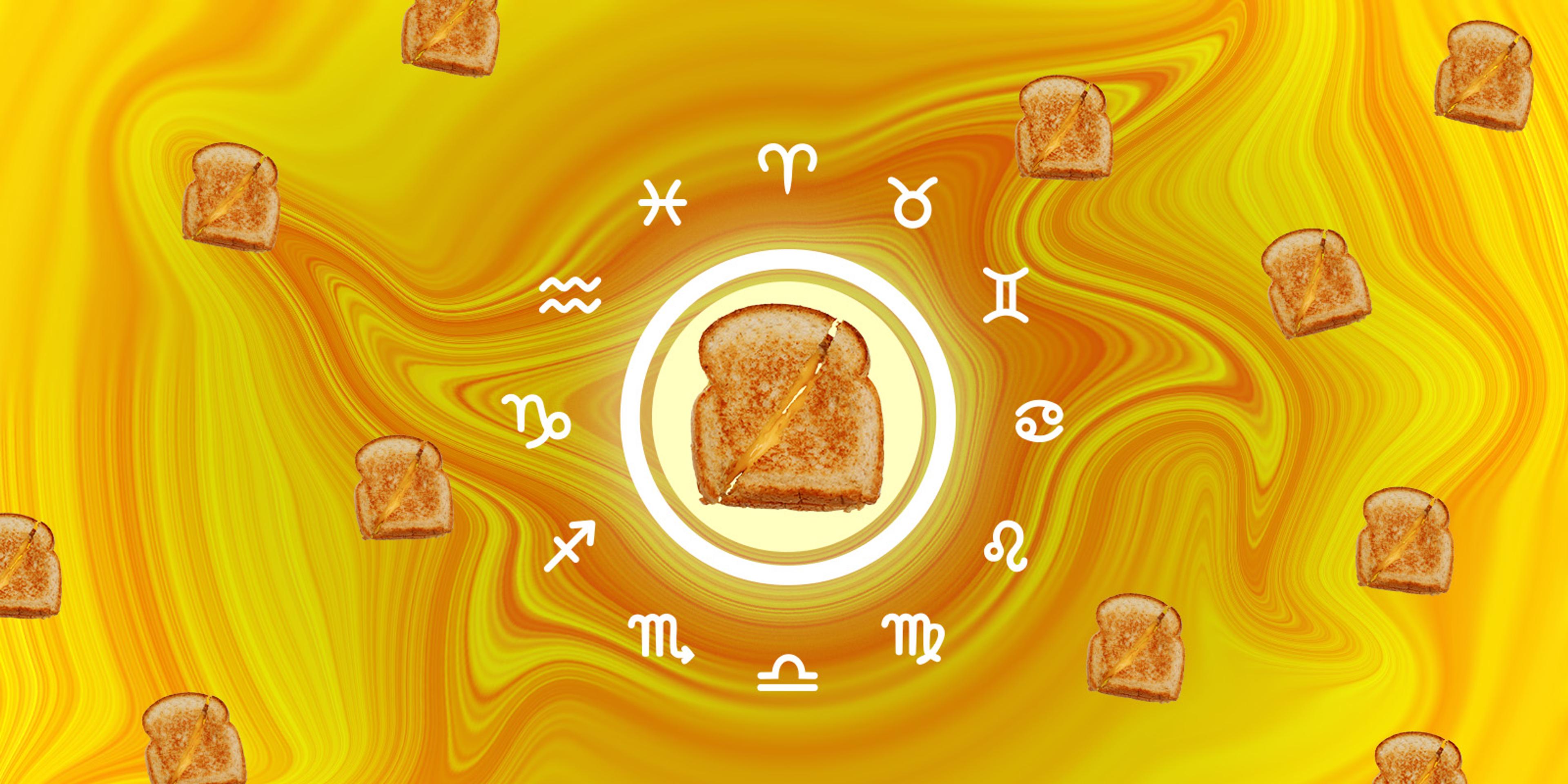 A graphic of grilled cheese sandwiches with zodiac signs.