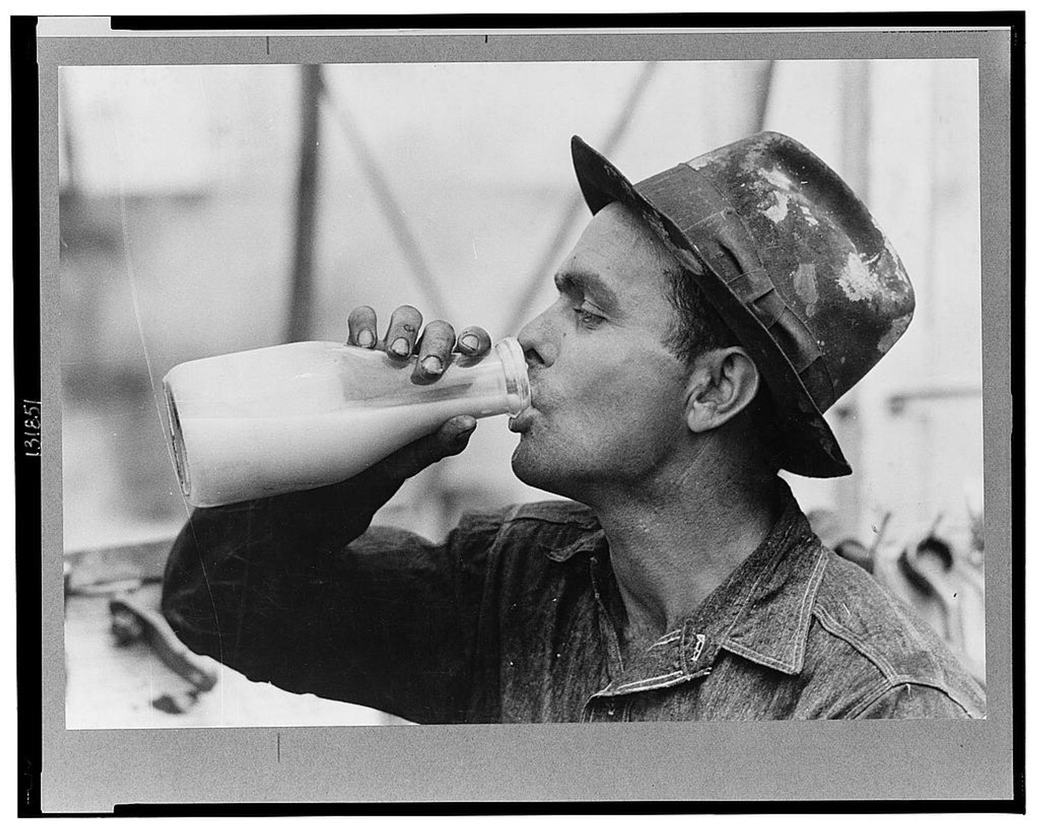 A black and white image of a man drinking from an old fashioned milk bottle.