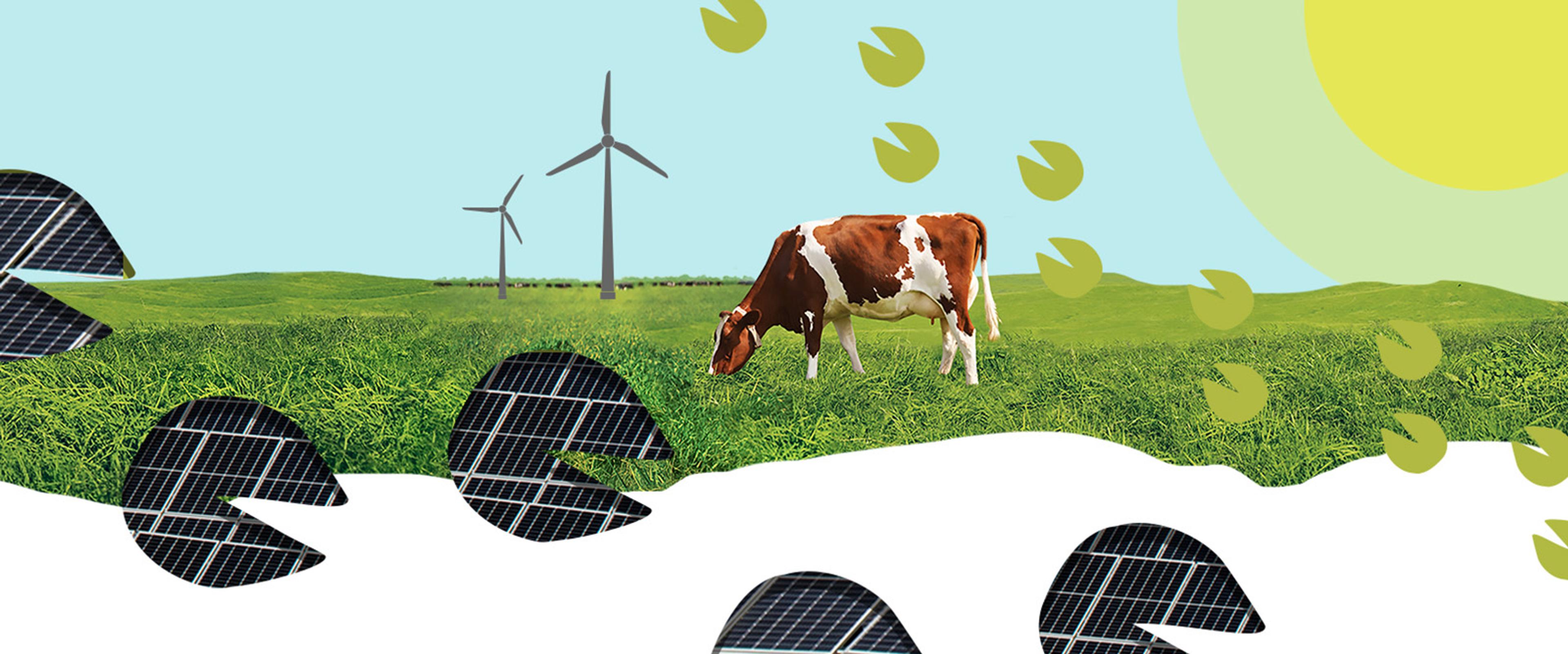 A graphic of a cow grazing near wind turbines.