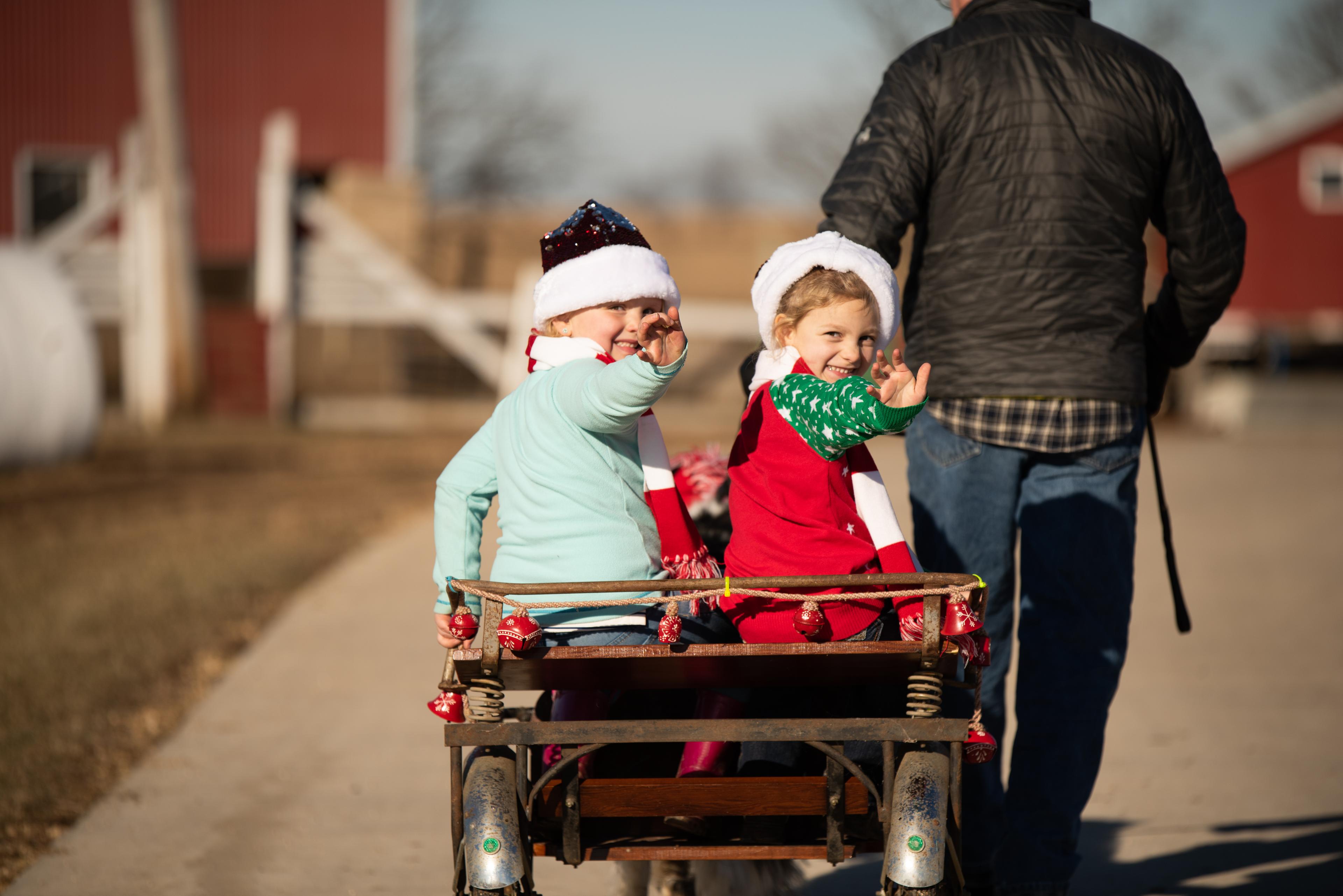 Kids in a sleigh waving at the camera 