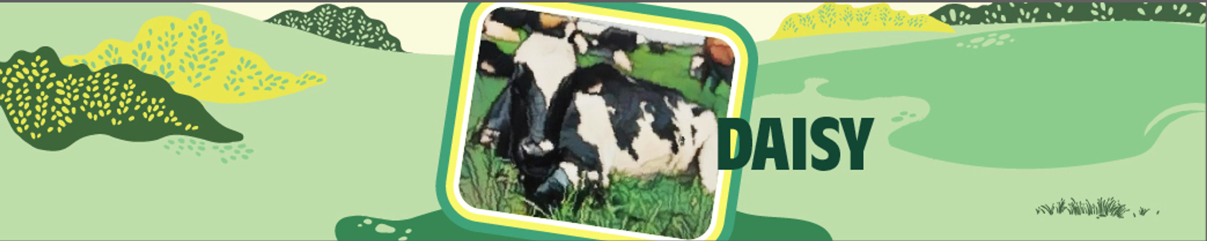 A graphic of a dairy cow with pasture in the background.