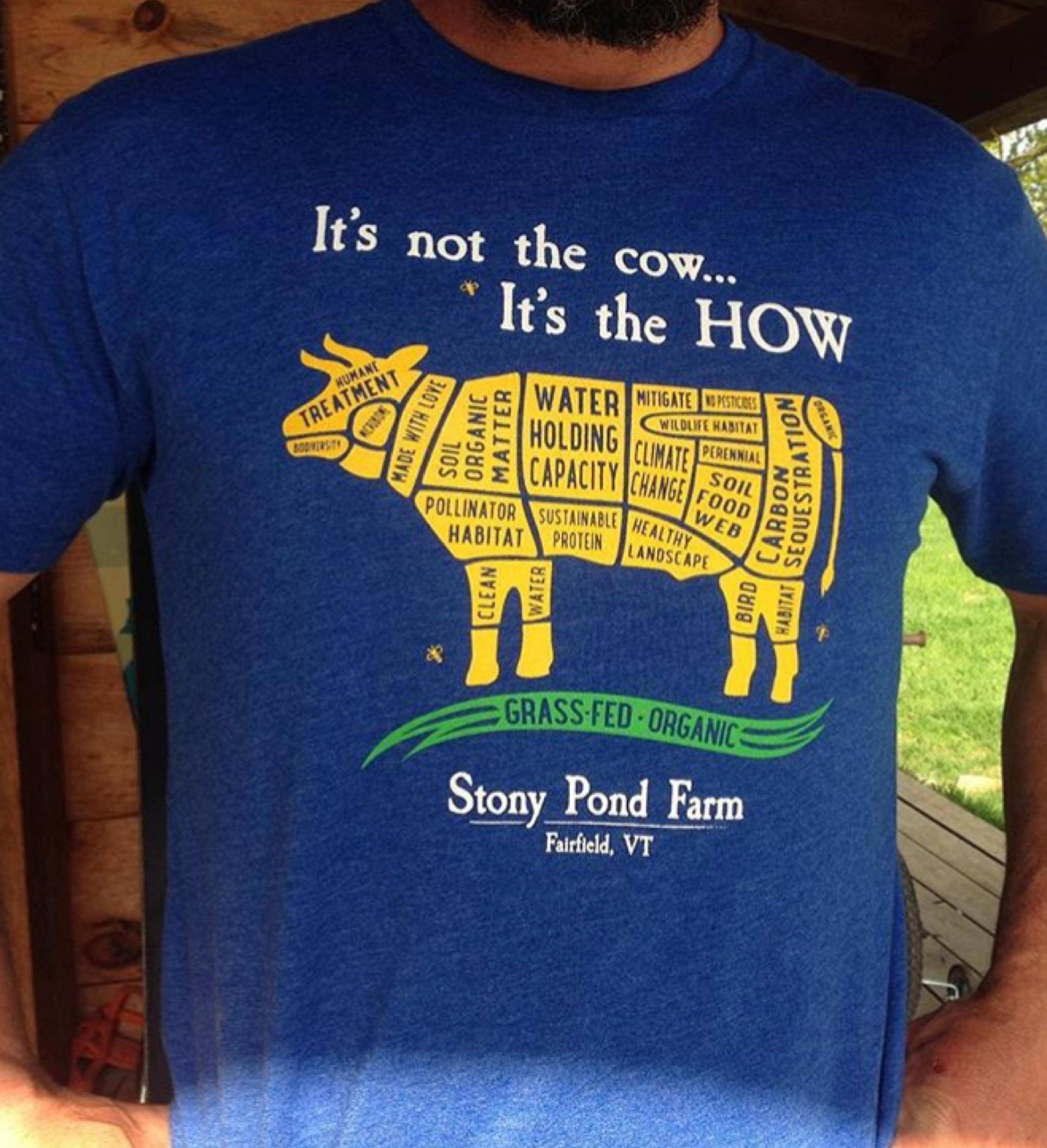  Tyler wears a shirt that says, it’s not the cow, it’s the how, with a graphic of a cow split into segments labeled with different sustainability values.