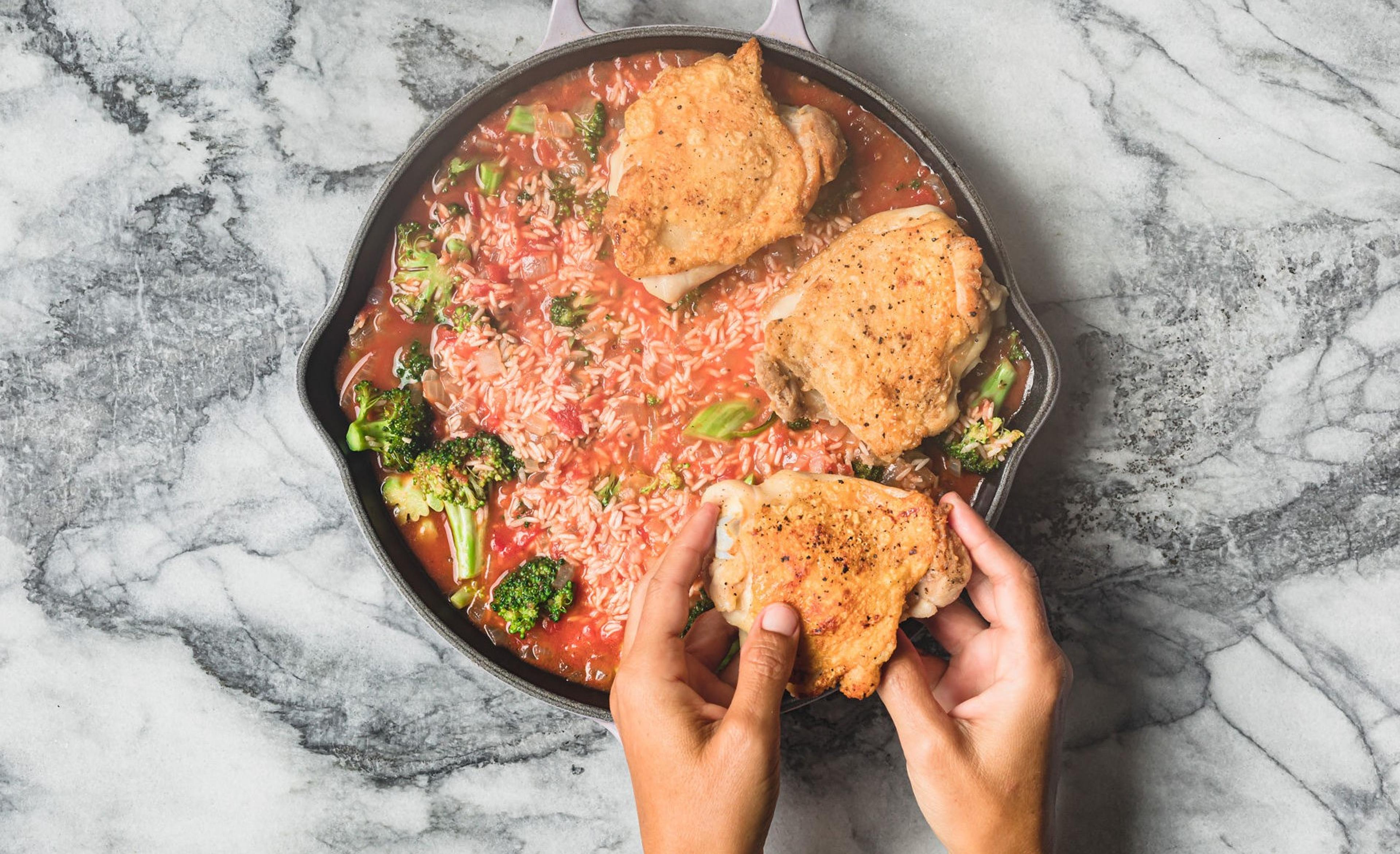 One-pan dinner, Tomato Chicken with Rice and Broccoli. Photo by Daniela Gerson.