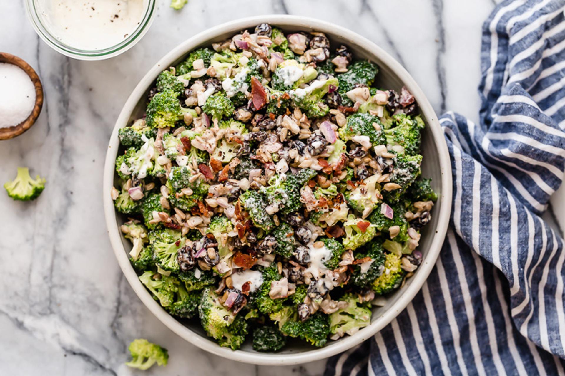 Mayo-free broccoli salad in a bowl.