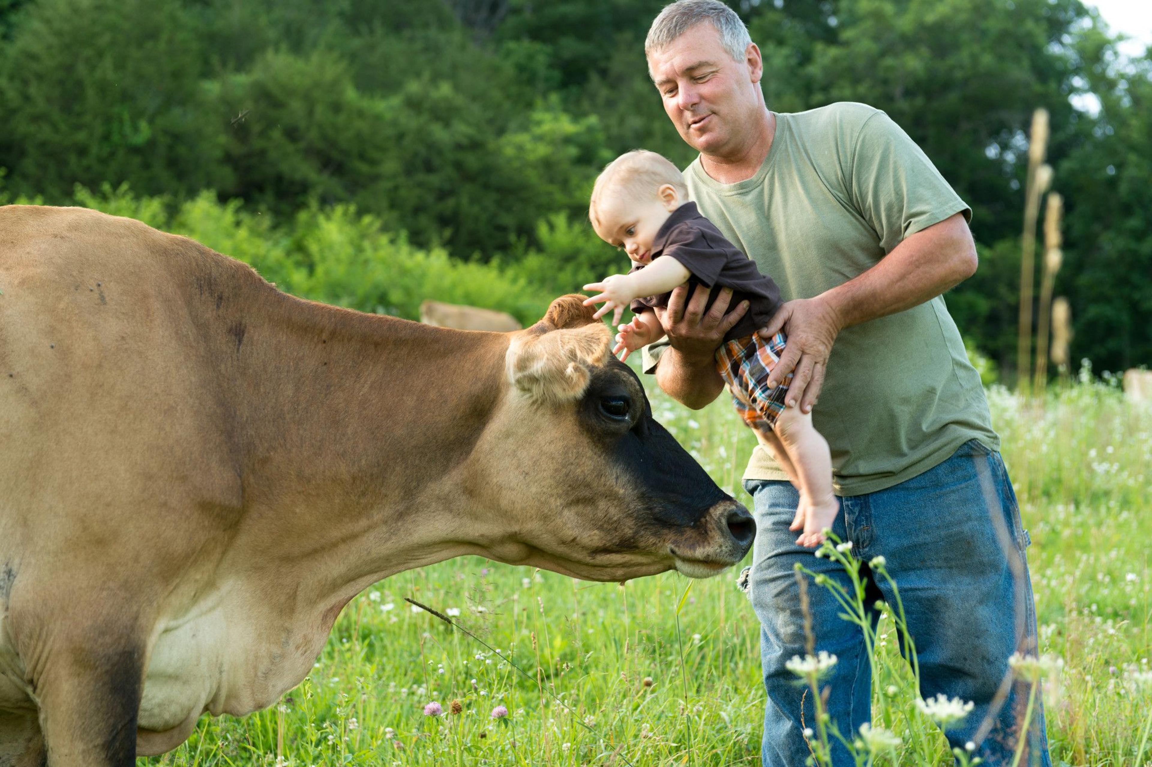 Arnie Trussoni stands in a field and holds a baby at his organic farm in Wisconsin.