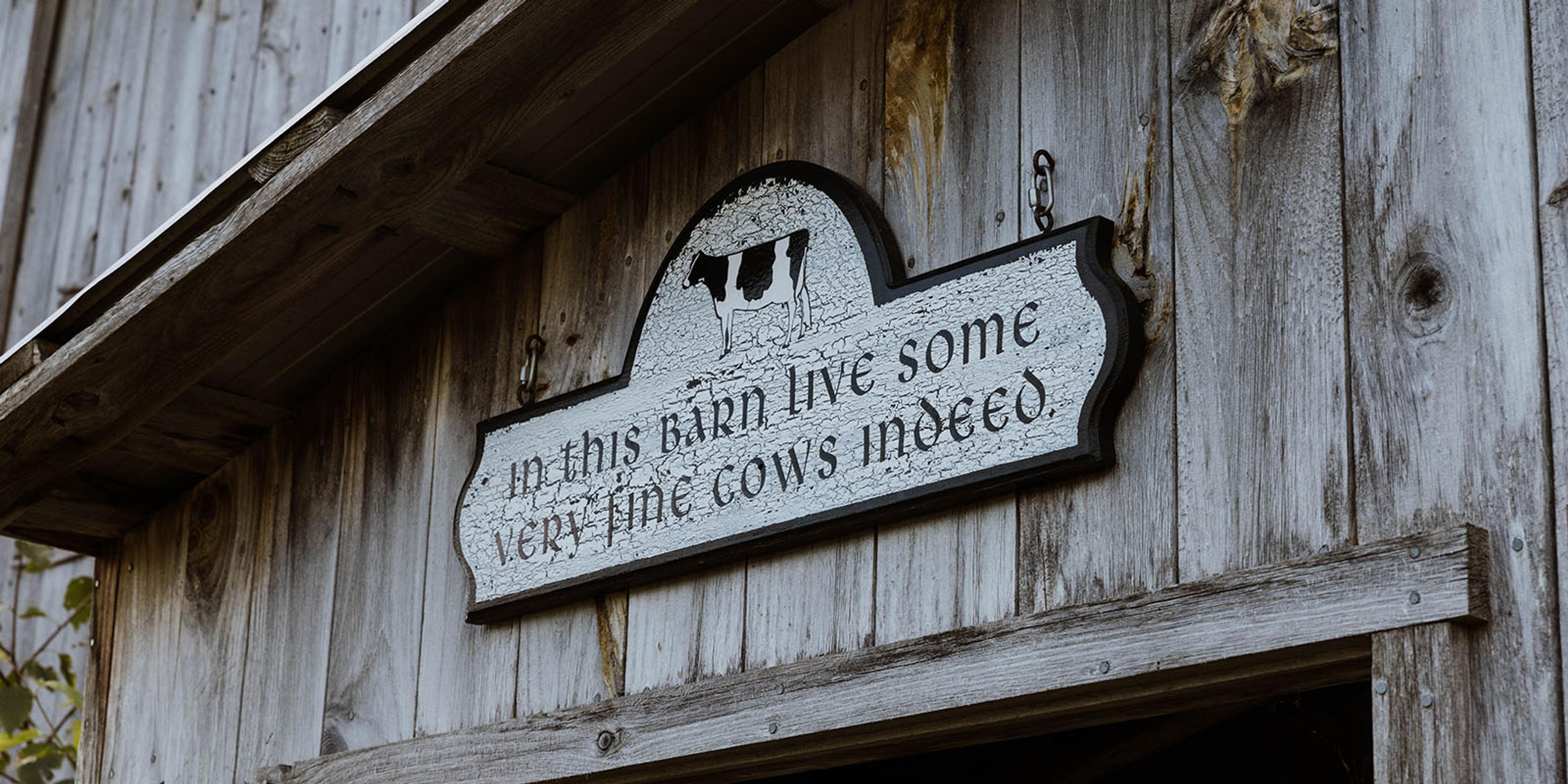 A sign on a barn reads “In this barn live some very fine cows indeed.”