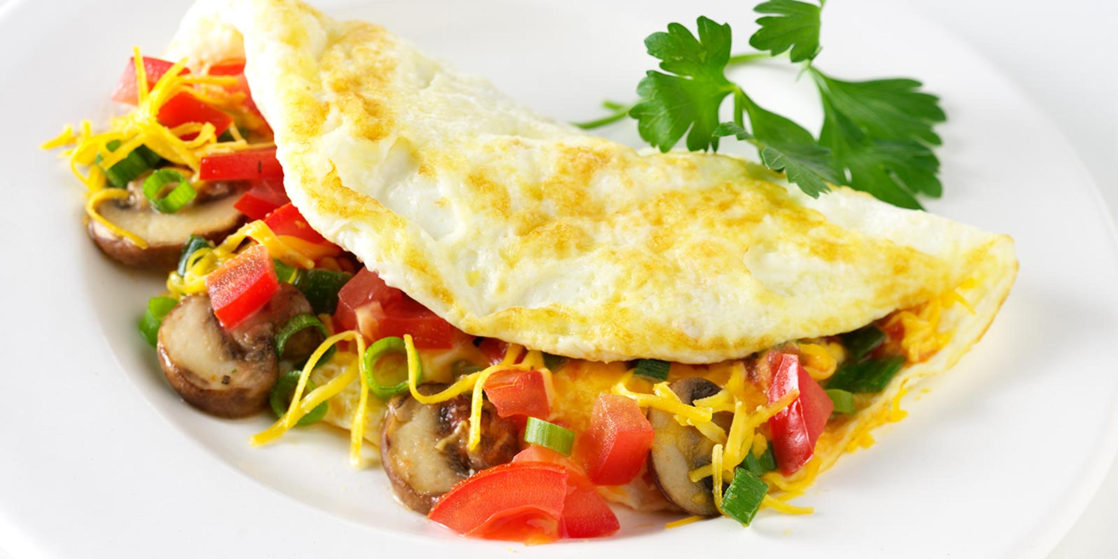 Egg white omelette folded over sauteed mushrooms, tomatoes and green onions with shredded cheese and a sprig of cilantro for garnish. 