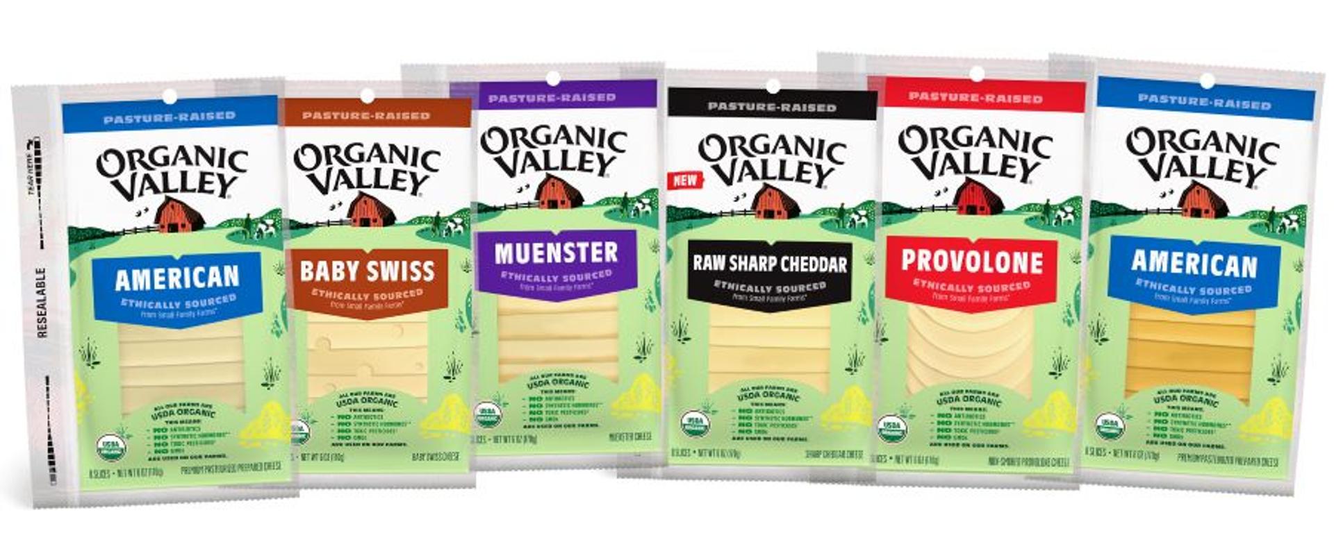 Packages of Organic Valley cheese slices.