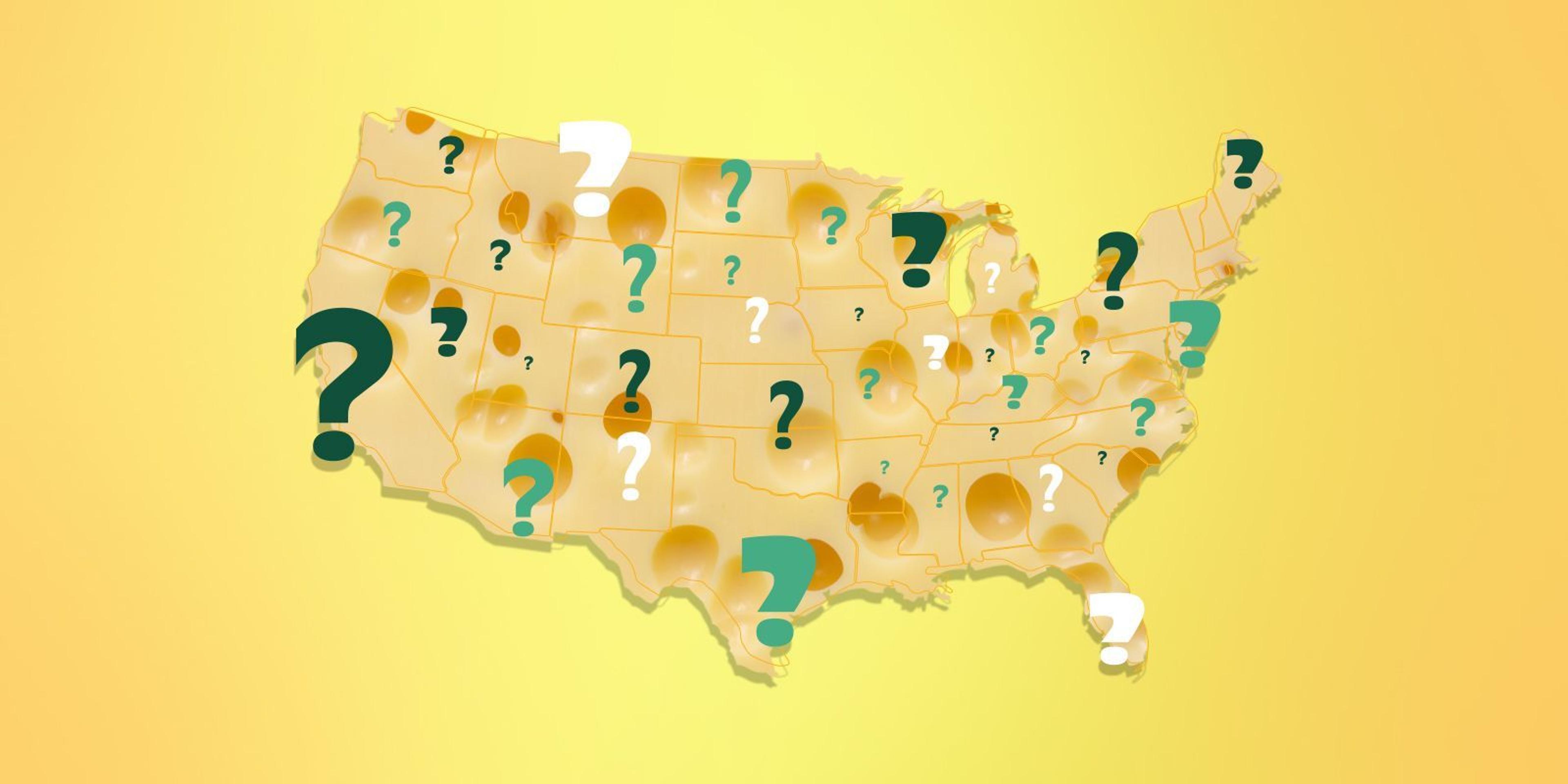 Map of the United States with different colored question marks over each state.