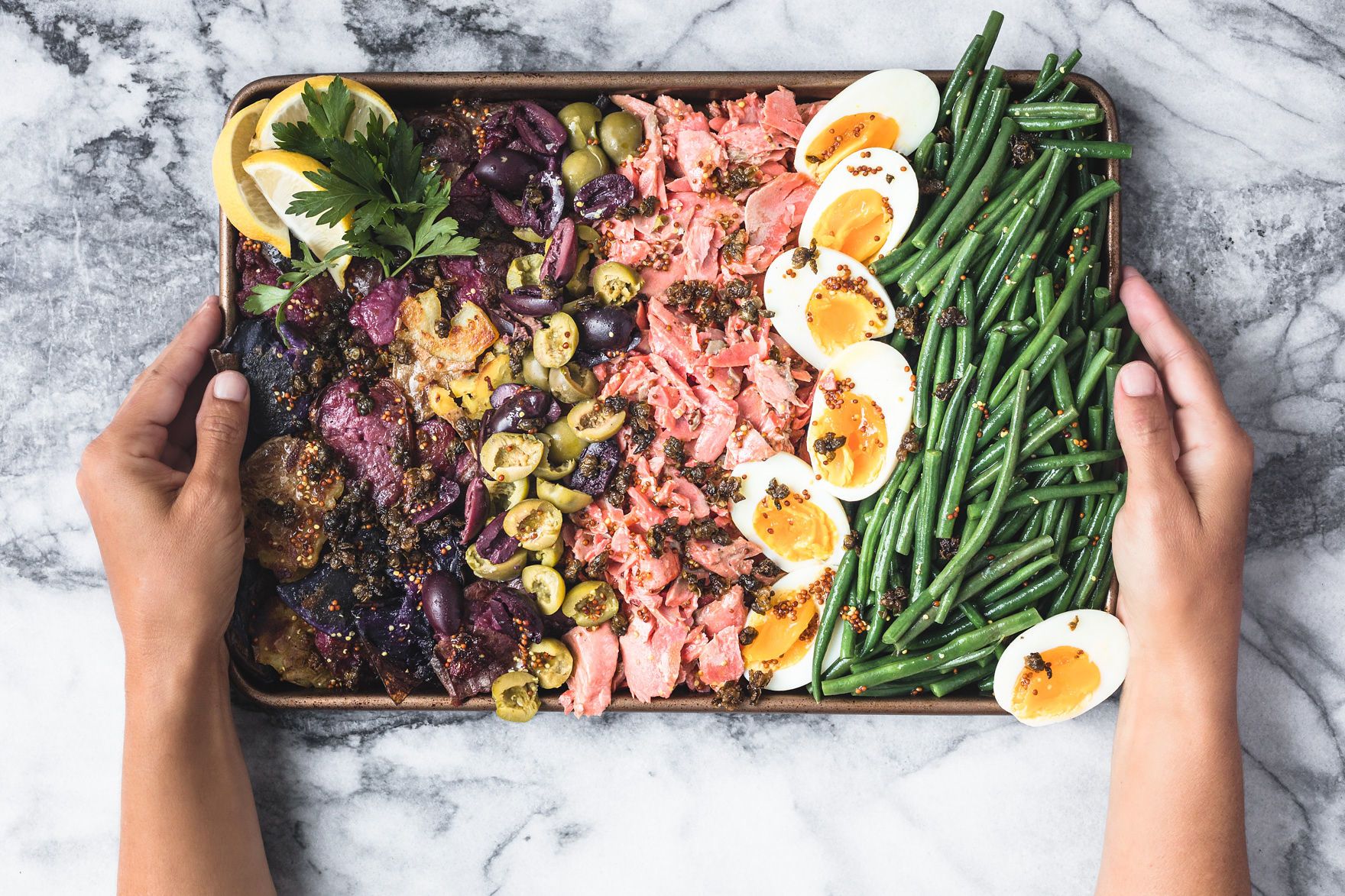 Salmon Niçoise with Eggs, Potatoes, Green Beans, Olives and Capers with Organic Valley