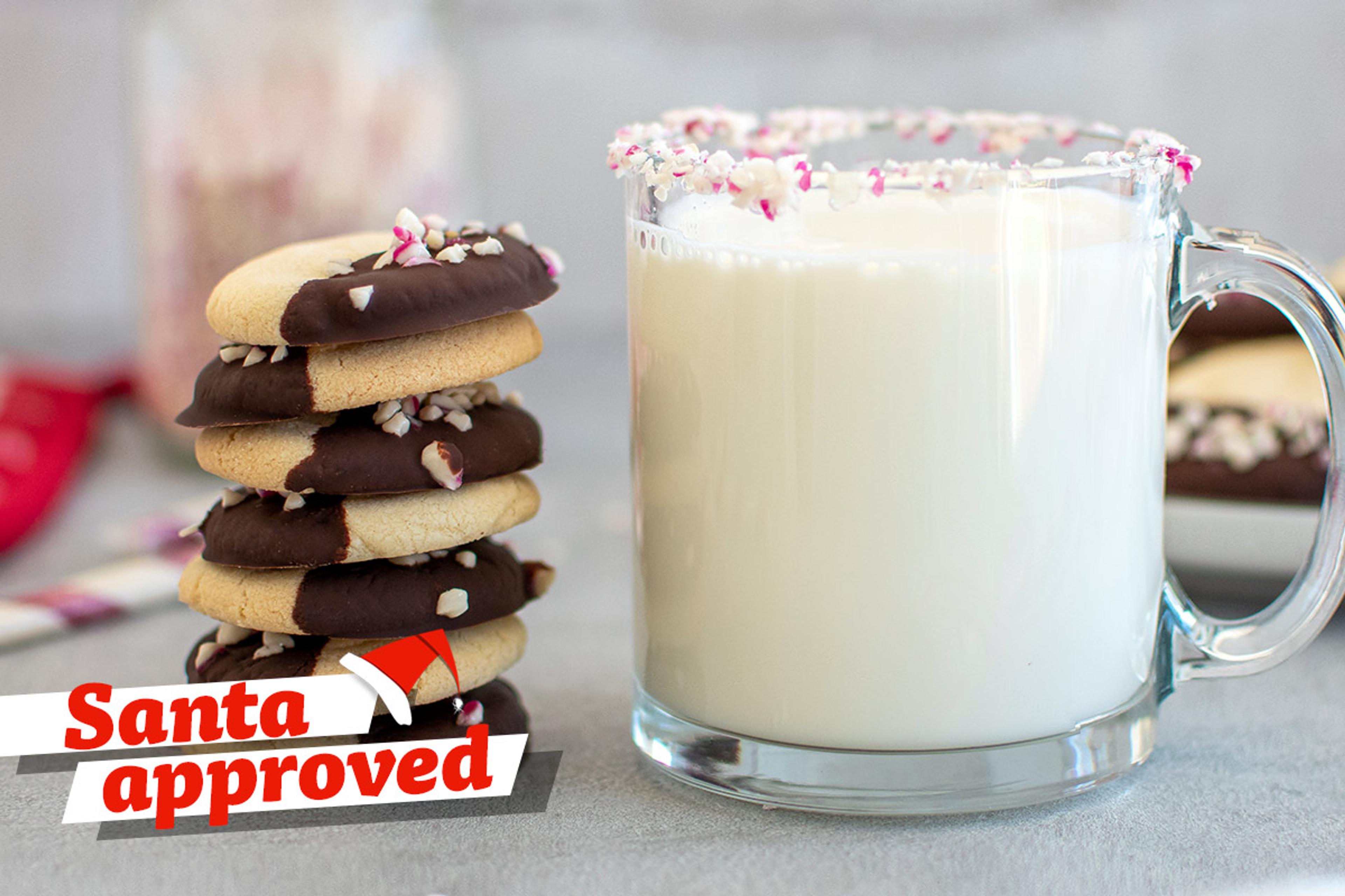 Chocolate-dipped Peppermint Shortbread Cookies with Vanilla Steamed Milk.
