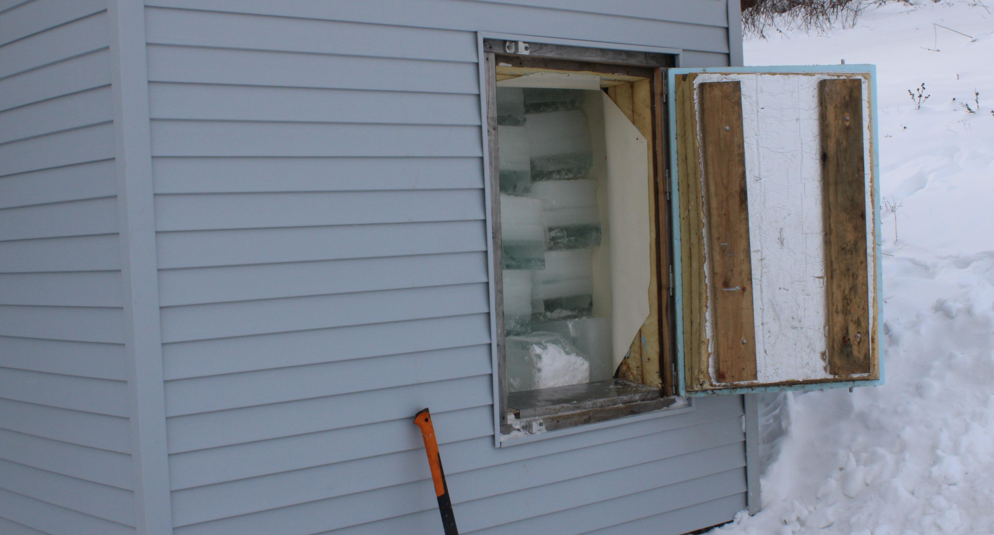 Ice in an ice house attached to a home.