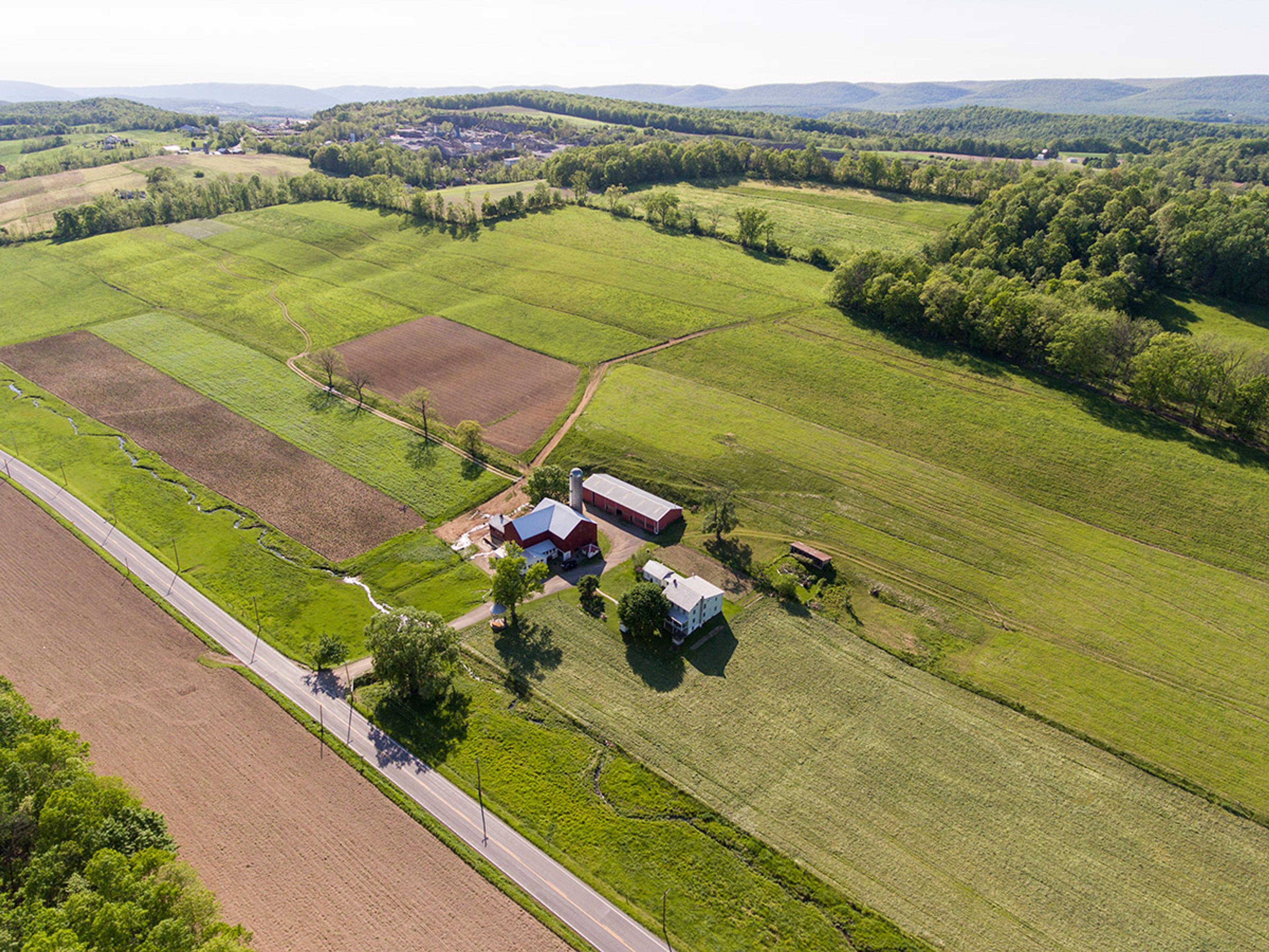 Aerial shot of organic farm in Pennsylvania.