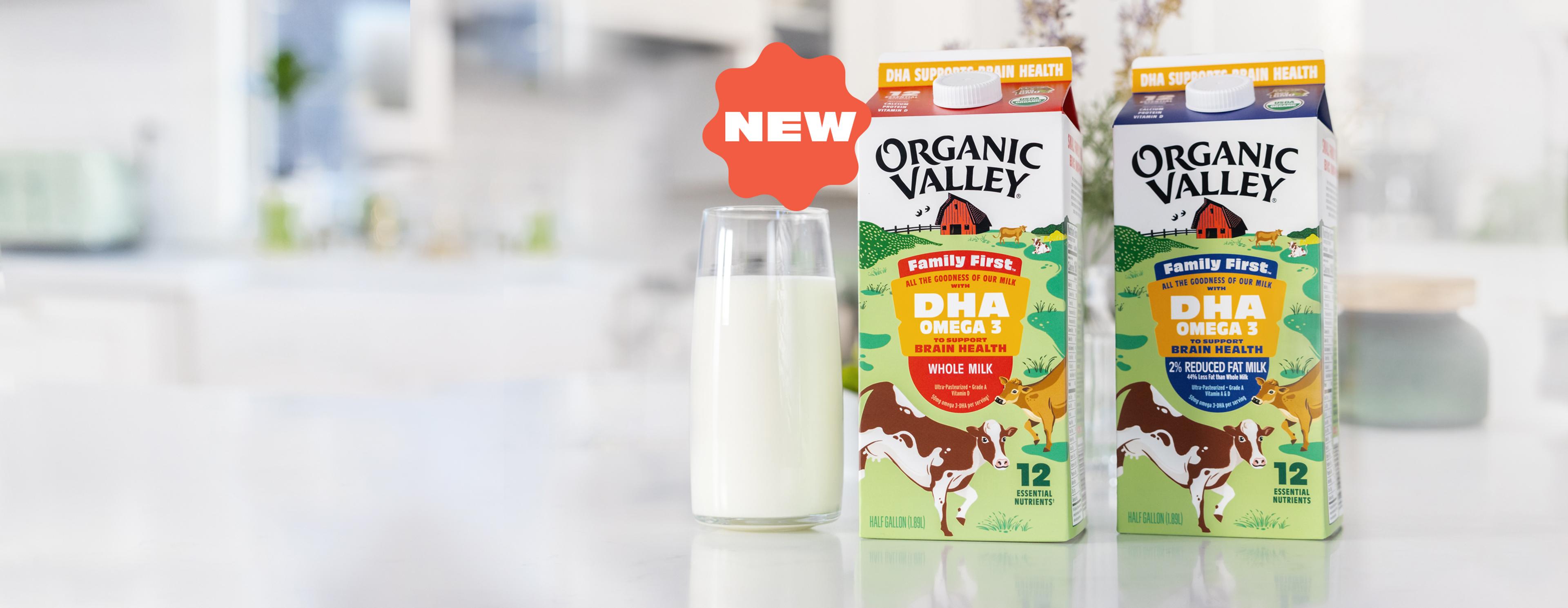 Organic Valley Family First DHA Omega 3 Milk on a table.