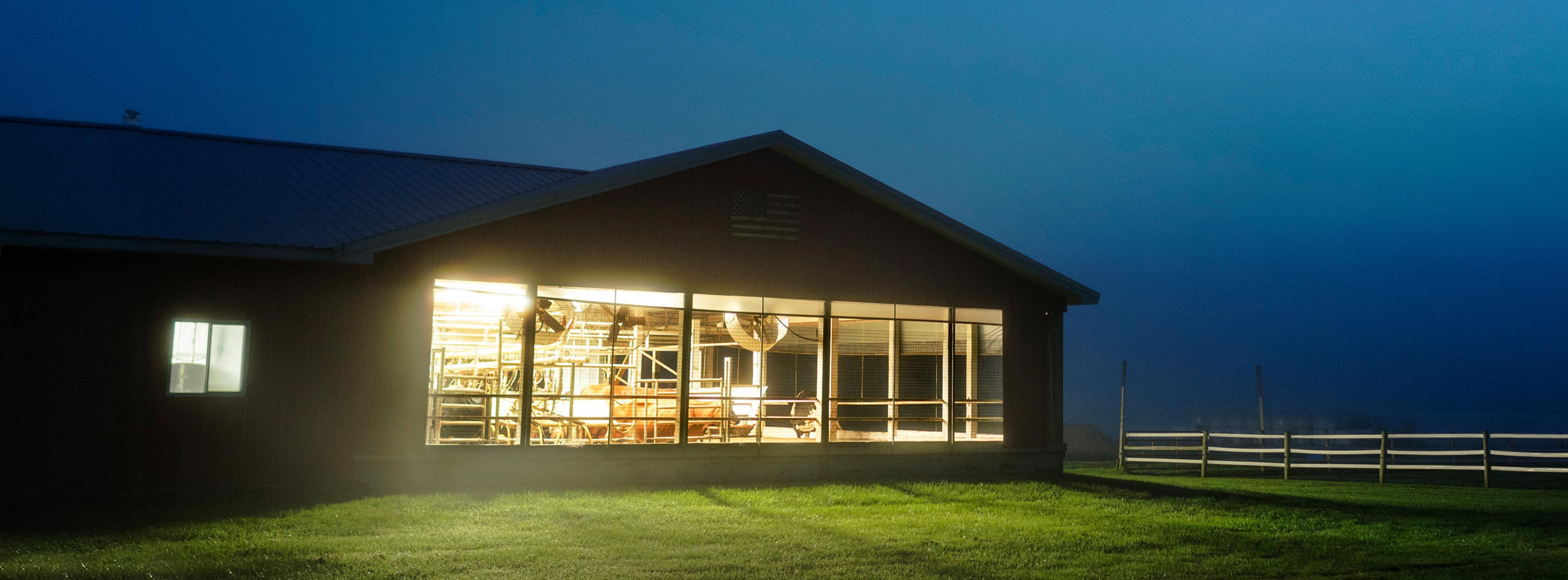 A farm at night.