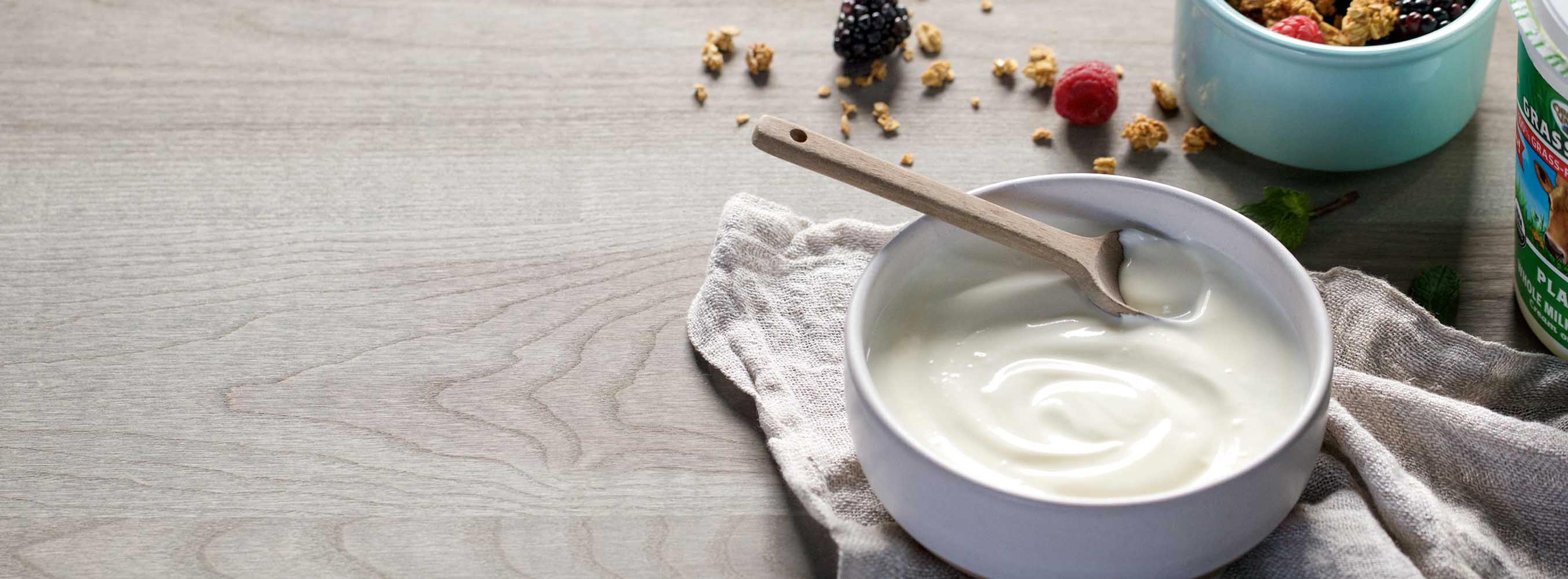 A bowl of Organic Valley yogurt, berries and granola