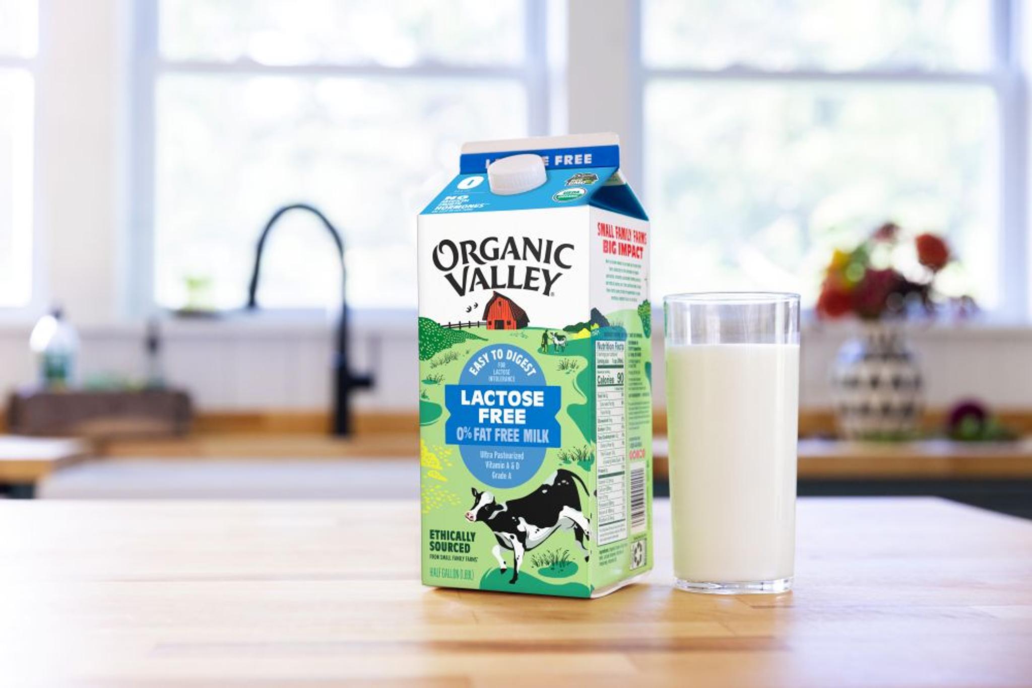 A glass of milk with a carton of lactose-free next to it on a kitchen counter with a vase of flowers in the background.