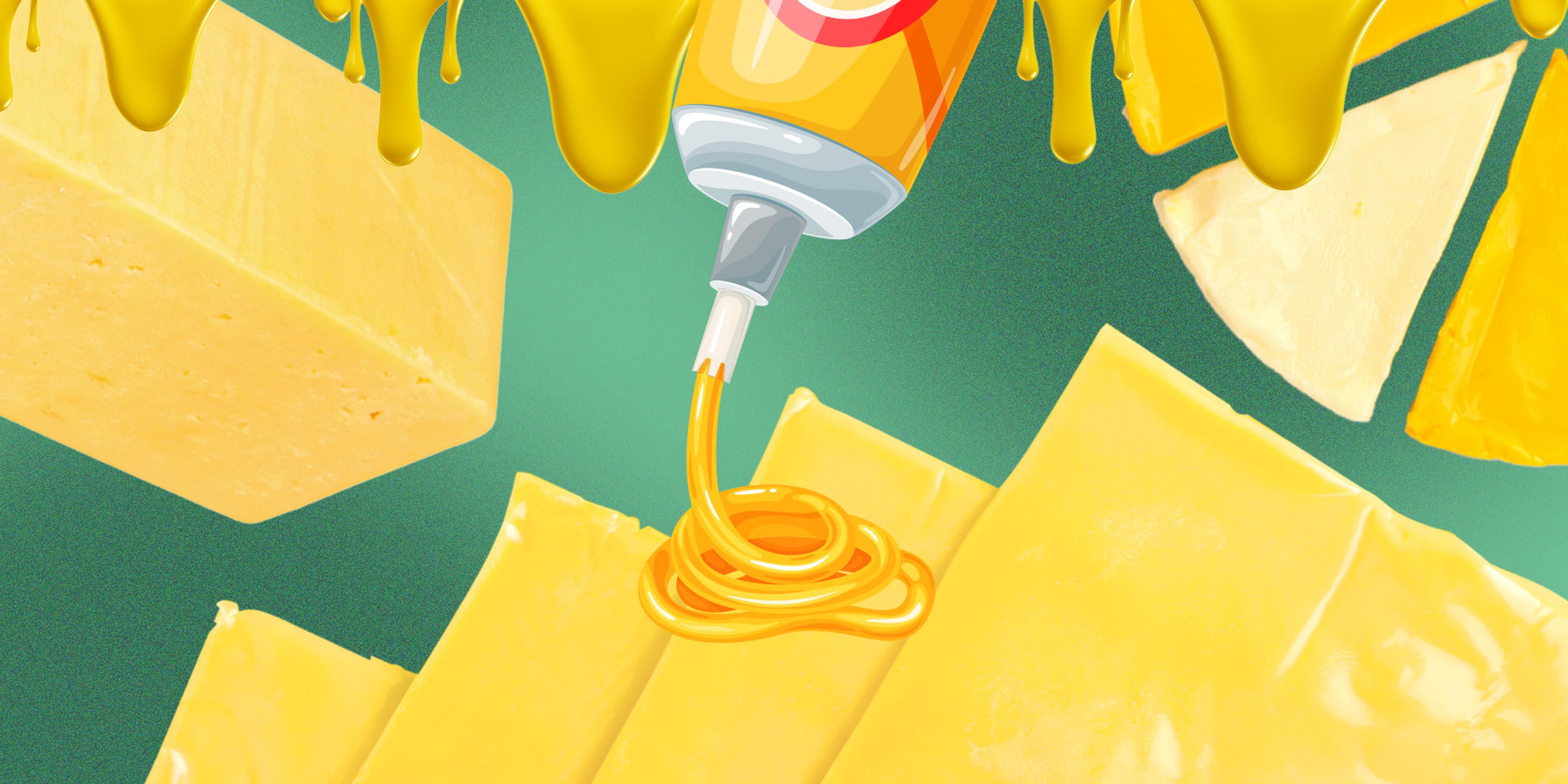 A carton picture of different types of cheeses.