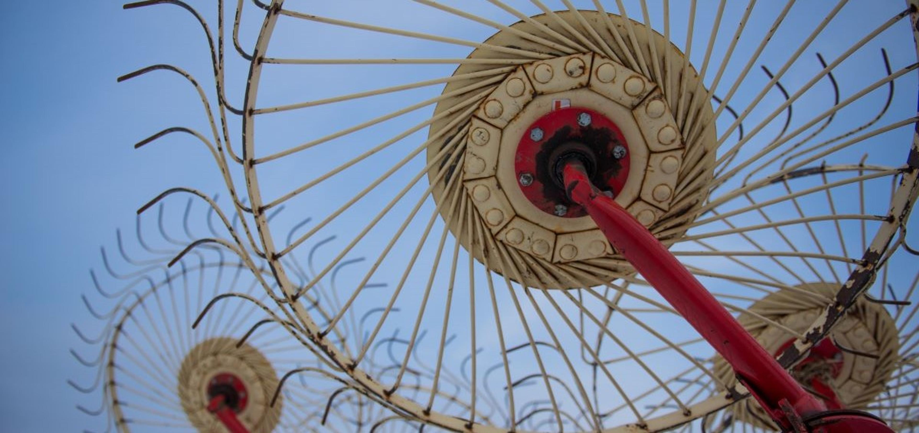 A close-up of a hay rake at an organic family farm in Wisconsin.